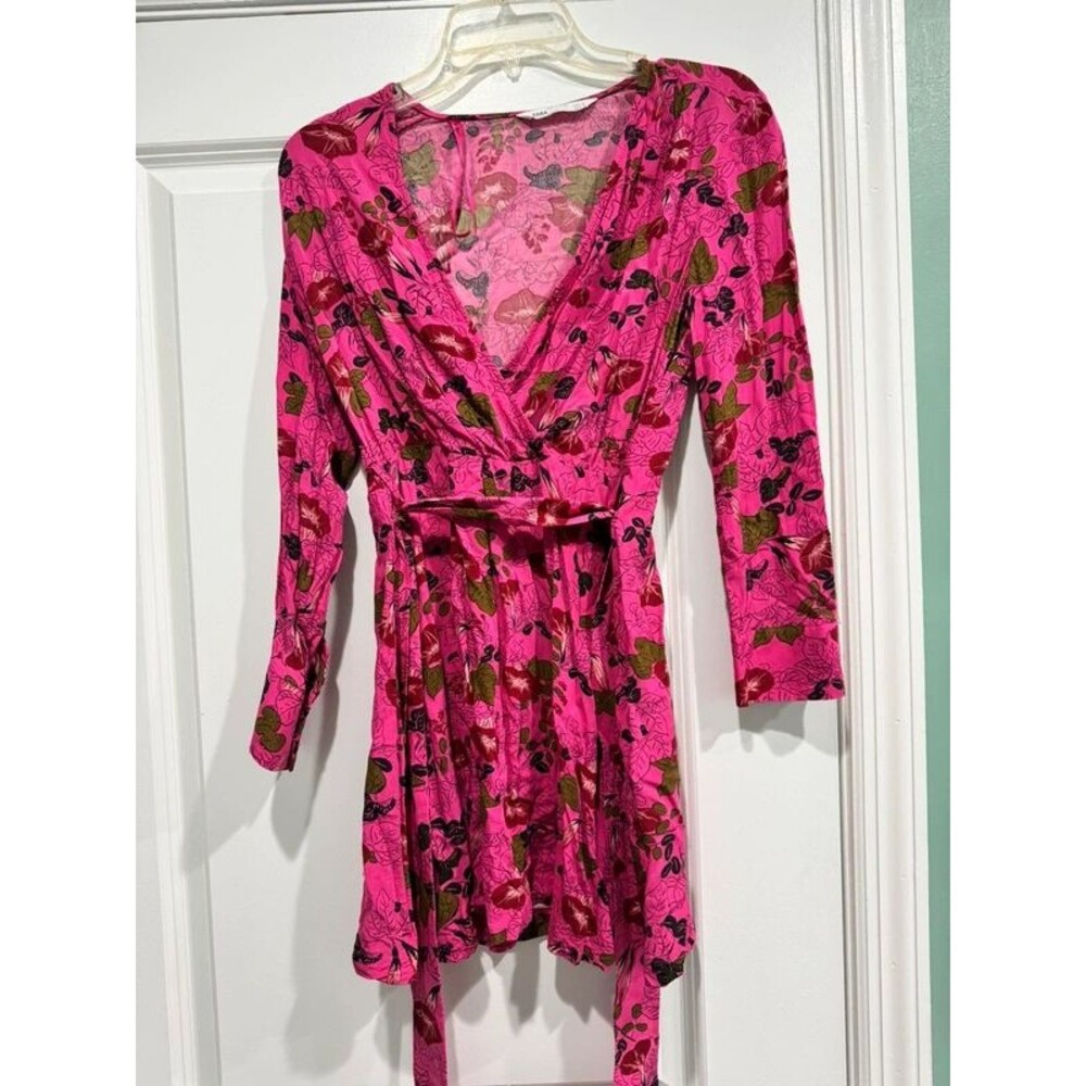Zara Hot Pink Floral Long Sleeve Wrap Dress small